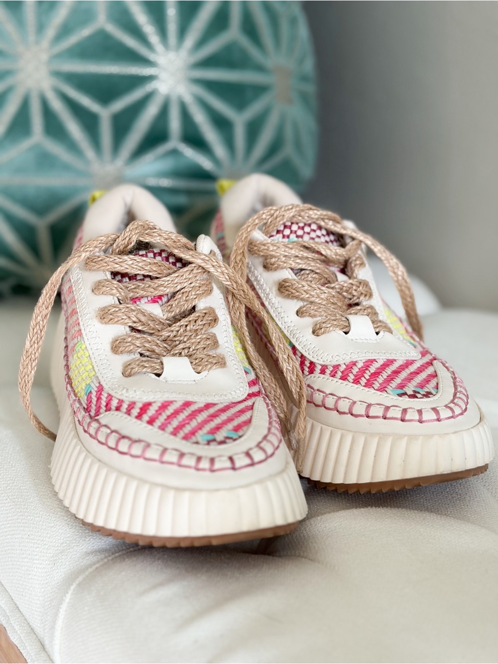 Dolce Vita Kids Pink Multicolor Woven Jute rope Lace-Up Sneakers- 7m - Picture 3 of 7